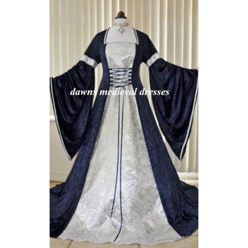 Renaissance Medieval Pagan Navy Blue White & Silver Wedding Dres